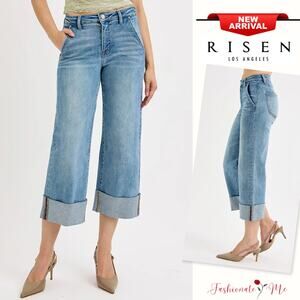 RISEN Tummy Control High Rise Cuffed Hem Medium Wash Ankle Wide Leg Denim Jeans